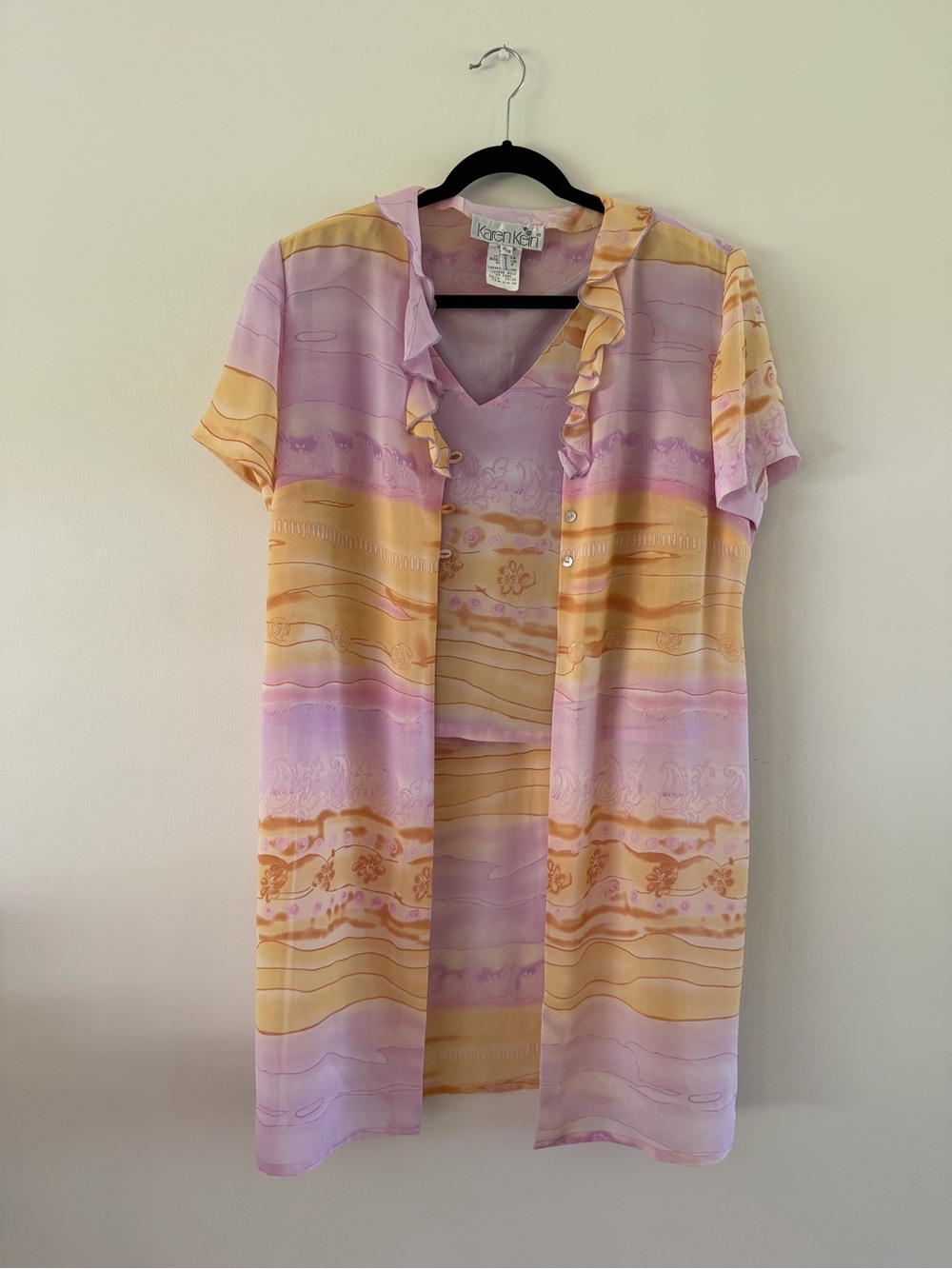 90s 80s Vintage Pastel Sunset Boho Indie Semi Sheer Long Duster Shell Set (2) XL